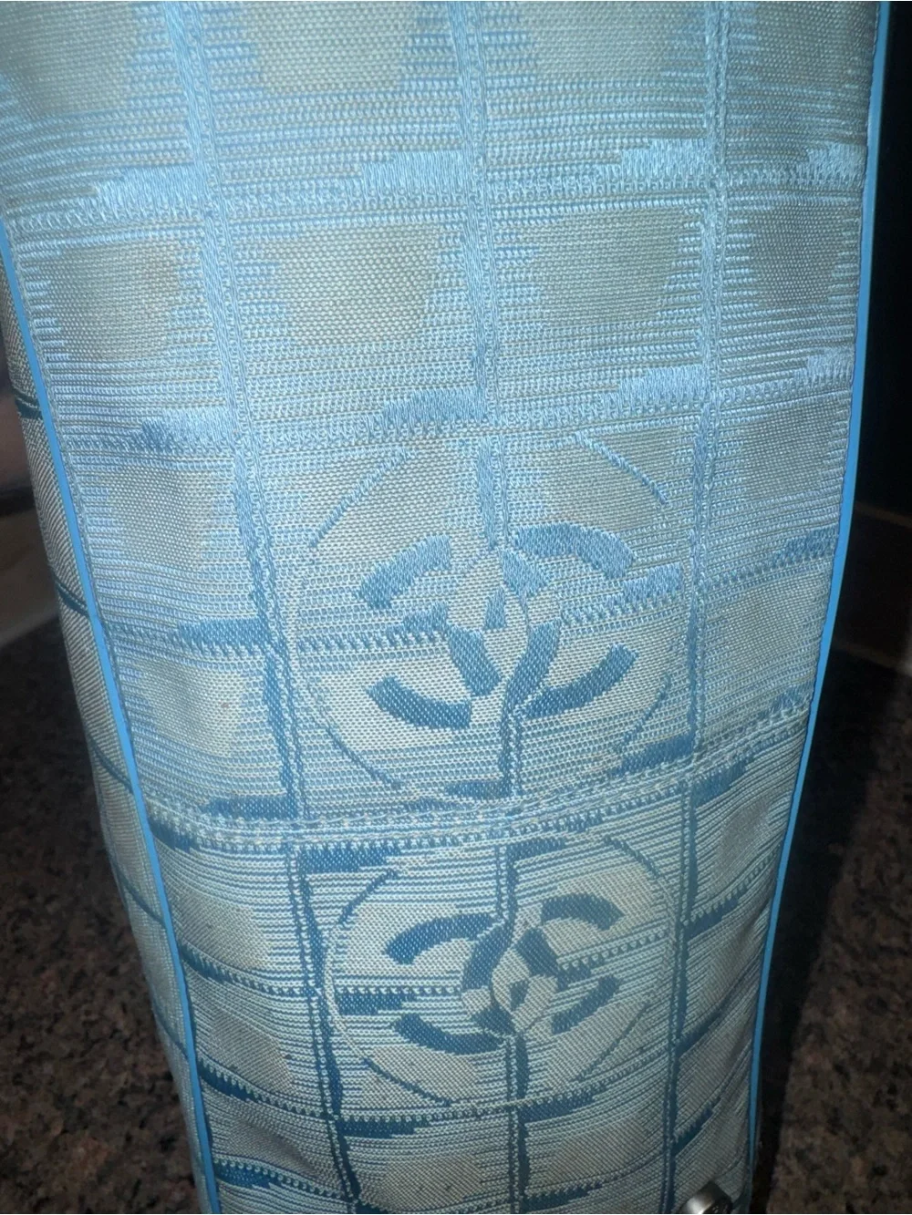 CHANEL rare baby Blue Jacquard travel line Tote Bag EUC